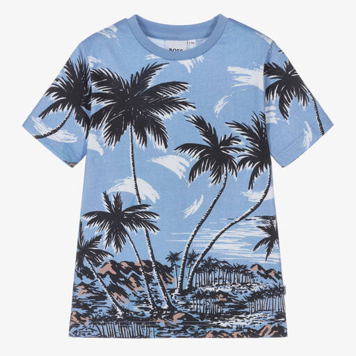 BOSS-Boys Blue Tropical Print Cotton T-Shirt | Childrensalon