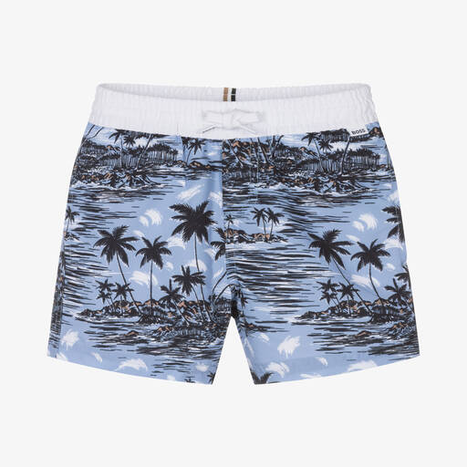 BOSS-Boys Blue Tropical Print Swim Shorts | Childrensalon