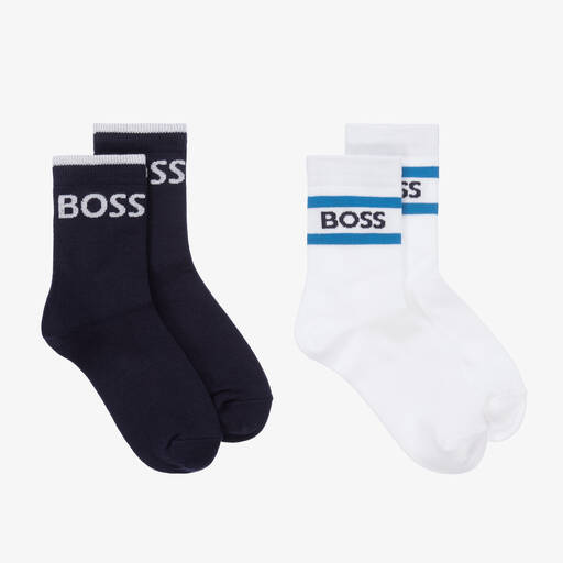 BOSS-Boys Blue & White Cotton Socks (2 Pack) | Childrensalon