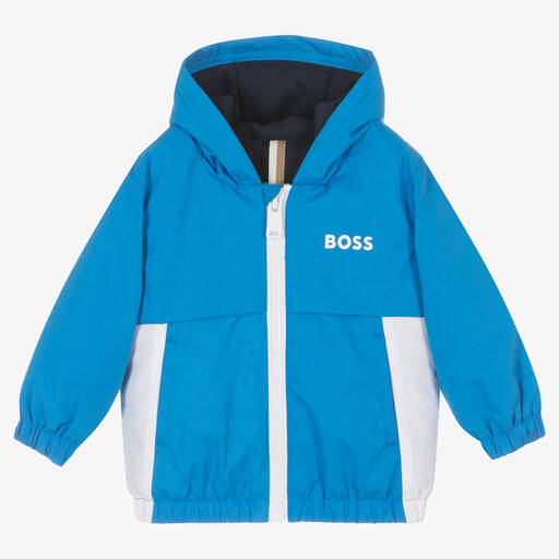 BOSS-Boys Blue & White Hooded Coat | Childrensalon