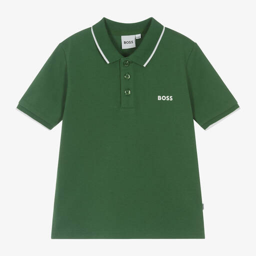 BOSS-Boys Green Cotton Polo Shirt | Childrensalon