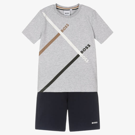 BOSS-Boys Grey & Blue Cotton Logo Shorts Set  | Childrensalon