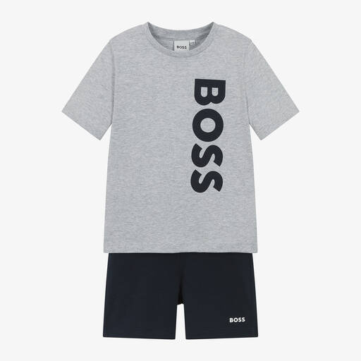 BOSS-Boys Grey & Blue Cotton Short Pyjamas | Childrensalon