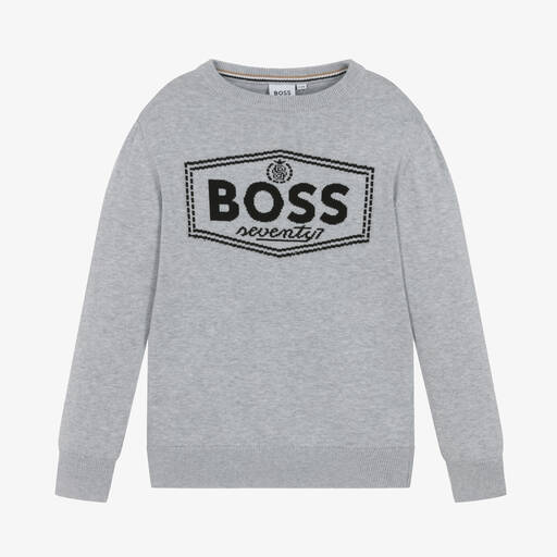 BOSS-Boys Grey Cotton Knit Sweater | Childrensalon