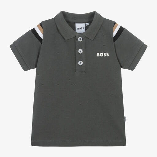 BOSS-Boys Grey Cotton Piqué Polo Top | Childrensalon