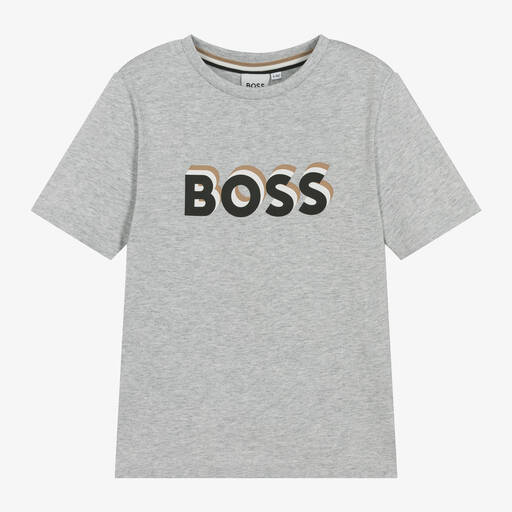 BOSS-Boys Grey Cotton T-Shirt | Childrensalon