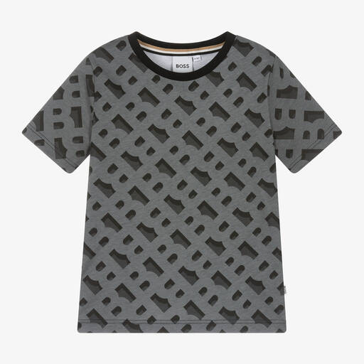 BOSS-Boys Grey Monogram Cotton T-Shirt | Childrensalon