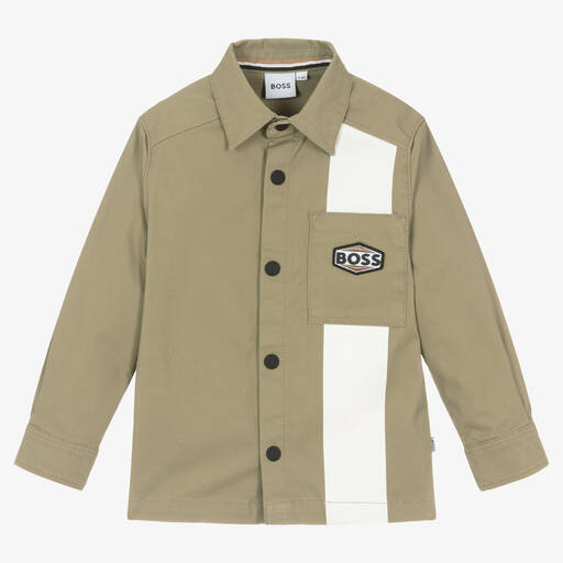 BOSS-Рубашка из хлопкового твила цвета хаки | Childrensalon