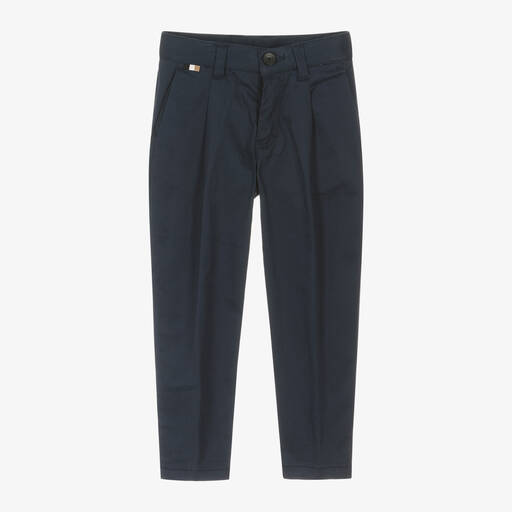 BOSS-Boys Navy Blue Cotton Chino Trousers | Childrensalon