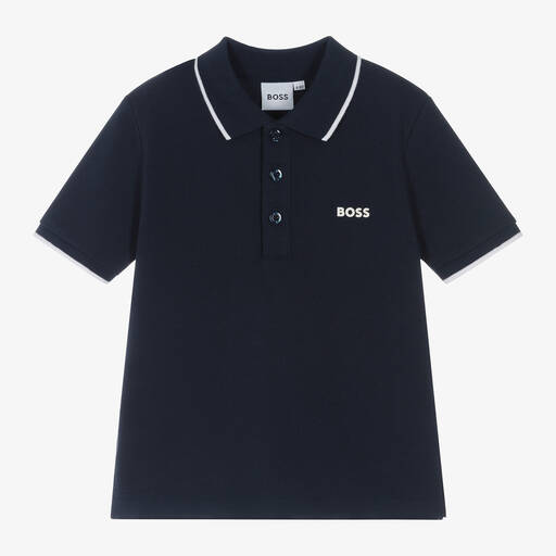 BOSS- Boys Navy Blue Cotton Polo Shirt | Childrensalon