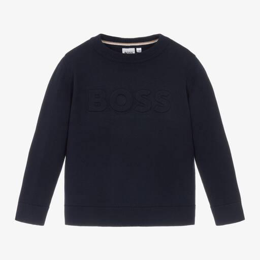 BOSS-Boys Navy Blue Cotton Sweater | Childrensalon