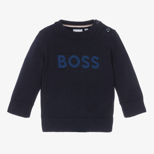 BOSS-Boys Navy Blue Cotton Sweater | Childrensalon
