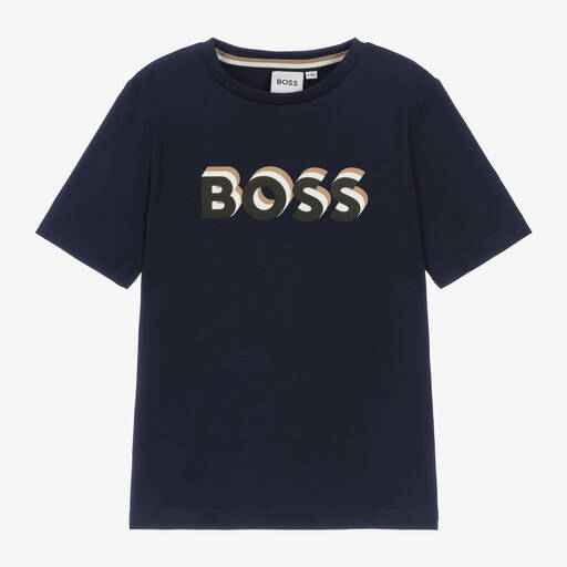 BOSS-Boys Navy Blue Cotton T-Shirt | Childrensalon