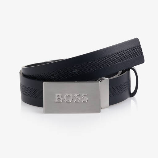 BOSS-Boys Navy Blue Leather Logo Belt | Childrensalon