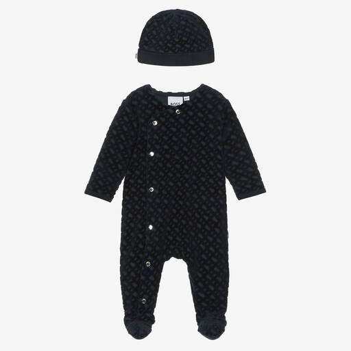 BOSS-Boys Navy Blue Velour Monogram Babygrow & Hat Set | Childrensalon