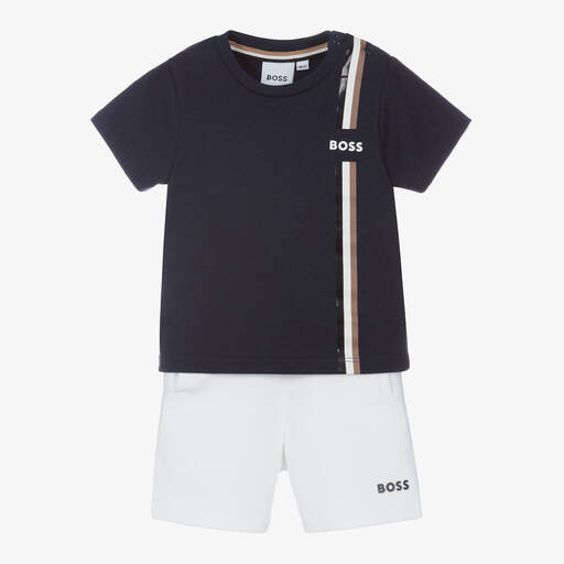 BOSS-Boys Navy Blue & White Cotton Shorts Set | Childrensalon