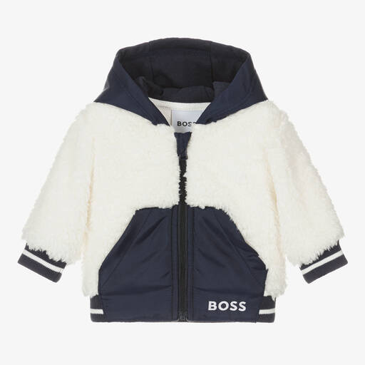BOSS-Boys Navy Blue & White Faux Fur Jacket | Childrensalon