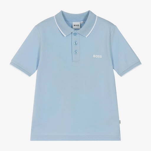 BOSS- Boys Pale Blue Cotton Polo Shirt | Childrensalon