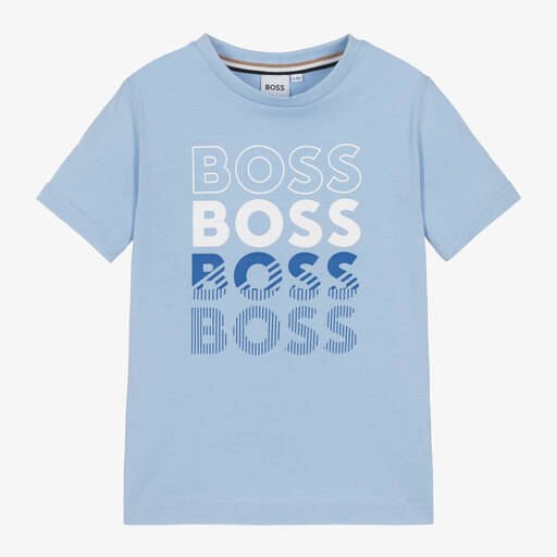 BOSS-Boys Pale Blue Cotton T-Shirt | Childrensalon