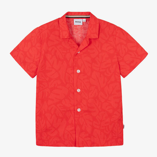 BOSS-Boys Red Cotton Leaf Print Shirt | Childrensalon