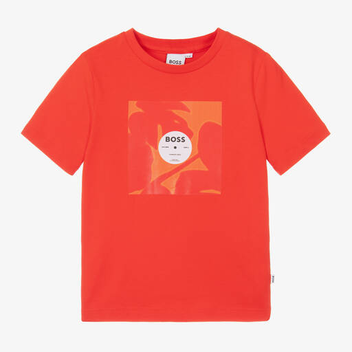 BOSS-Boys Red Cotton Vinyl Record T-Shirt | Childrensalon