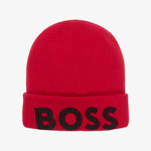 BOSS-Boys Red Knitted Beanie Hat | Childrensalon