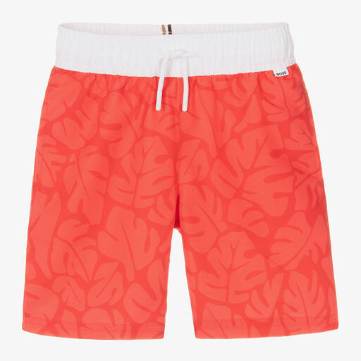 BOSS-Boys Red Leaf Print Swim Shorts | Childrensalon
