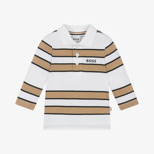 BOSS-Boys White & Beige Striped Cotton Polo Shirt | Childrensalon