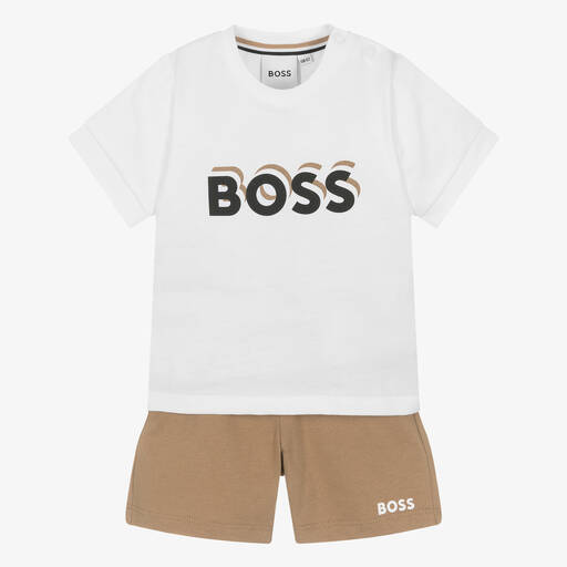 BOSS-Boys White & Brown Cotton Shorts Set | Childrensalon