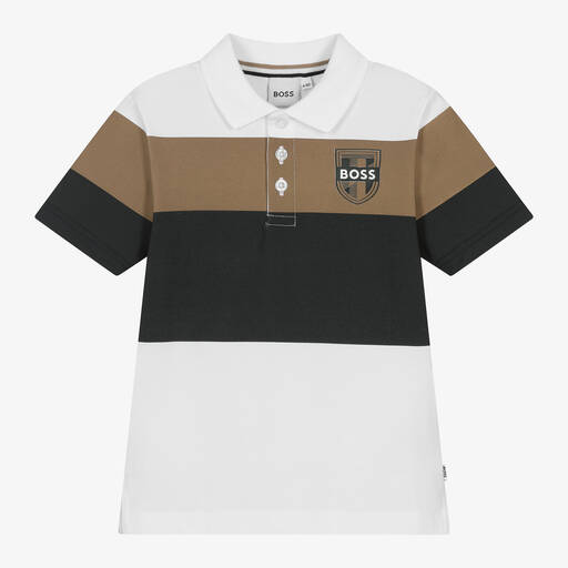 BOSS-Boys White Colourblock Cotton Polo Shirt | Childrensalon