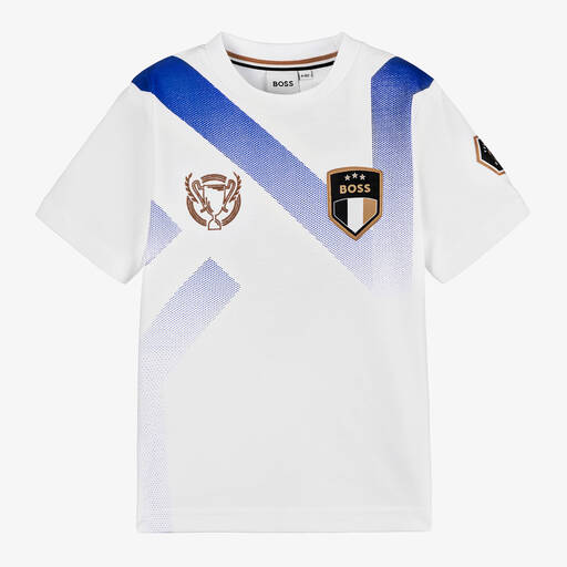 BOSS-Boys White Cotton Football T-Shirt | Childrensalon