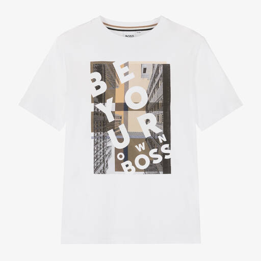 BOSS-Boys White Cotton Graphic T-Shirt | Childrensalon