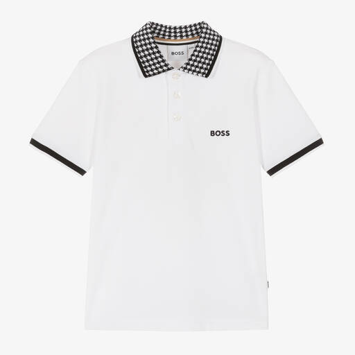 BOSS-Boys White Cotton Piqué Polo Shirt | Childrensalon