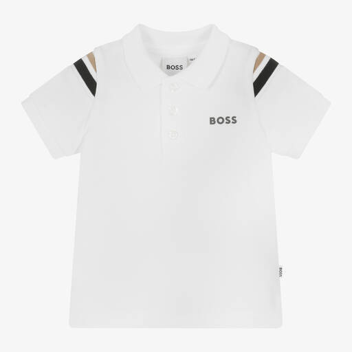 BOSS-Boys White Cotton Piqué Polo Top | Childrensalon