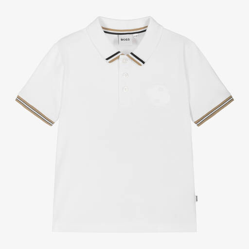 BOSS-Boys White Cotton Polo Shirt | Childrensalon