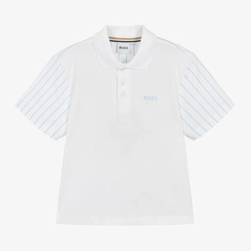BOSS-Boys White Cotton Striped Polo Shirt | Childrensalon