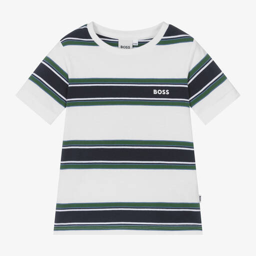 BOSS-Boys White Cotton Striped T-Shirt | Childrensalon