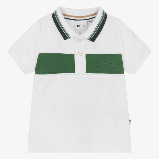 BOSS-Boys White & Green Cotton Polo Shirt | Childrensalon