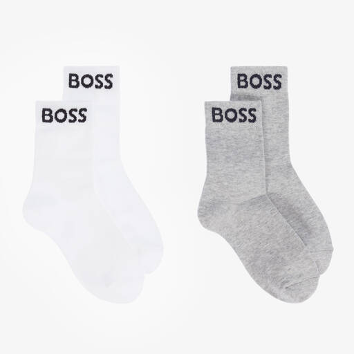 BOSS-Boys White & Grey Socks (2 Pack) | Childrensalon