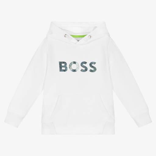BOSS-Boys White Jersey Logo Hoodie | Childrensalon