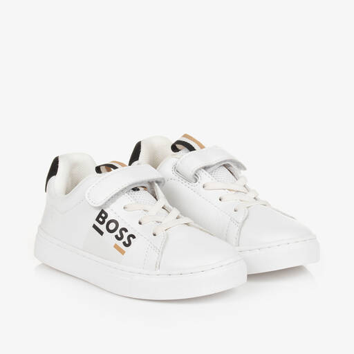 BOSS-Boys White Leather Velcro Trainers | Childrensalon