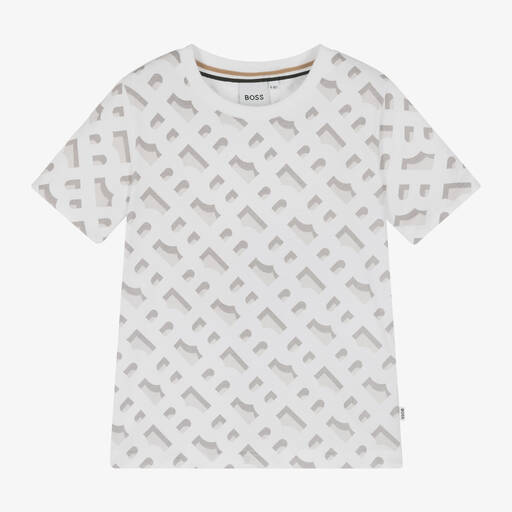BOSS-Boys White Monogram Cotton T-Shirt | Childrensalon