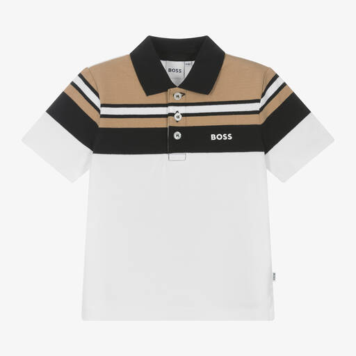 BOSS-Boys White Striped Cotton Piqué Polo Shirt | Childrensalon