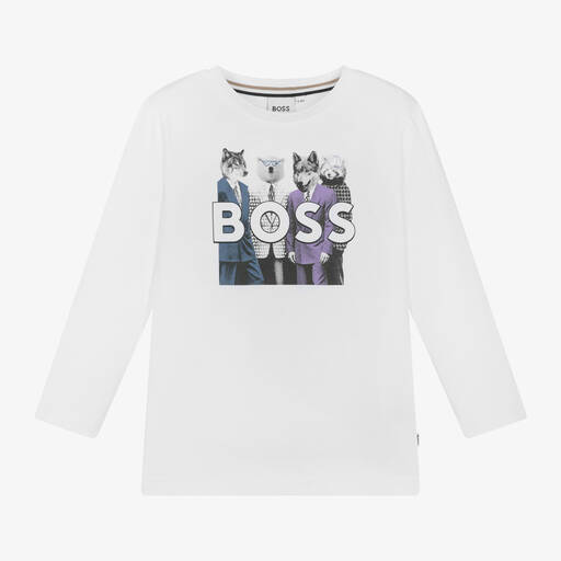 BOSS-Boys White Wolf Print Cotton Top | Childrensalon