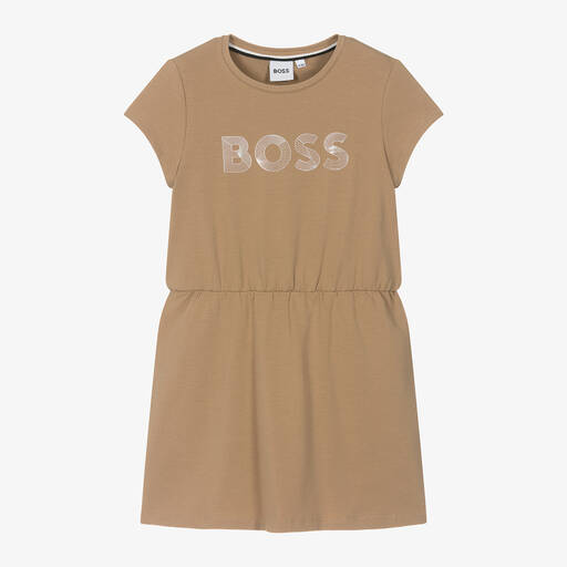 BOSS-Girls Beige Cotton Jersey T-Shirt Dress | Childrensalon