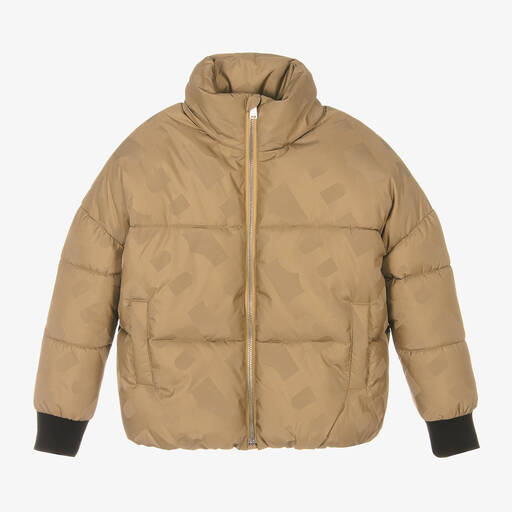 BOSS-Girls Beige Monogram Puffer Jacket | Childrensalon