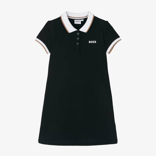 BOSS-Girls Black Cotton Polo Dress | Childrensalon
