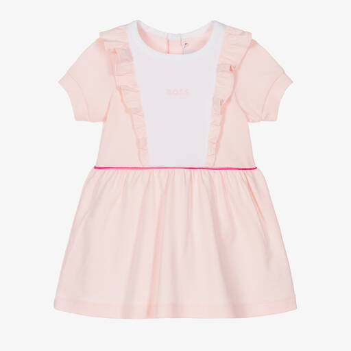 BOSS-Girls Pink Cotton Logo Dress | Childrensalon