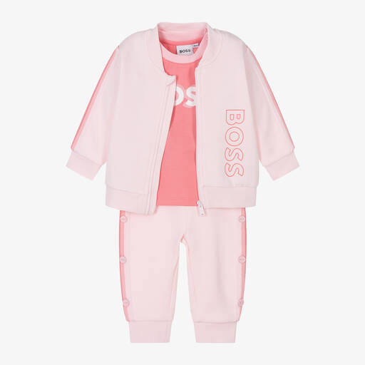 BOSS-Girls Pink Cotton Tracksuit Set | Childrensalon