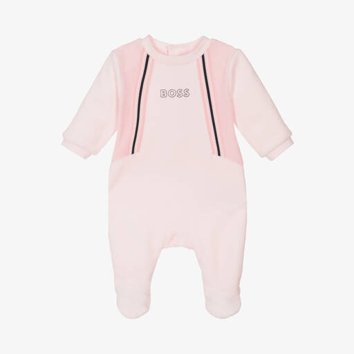 BOSS-Girls Pink Cotton Velour Babygrow | Childrensalon